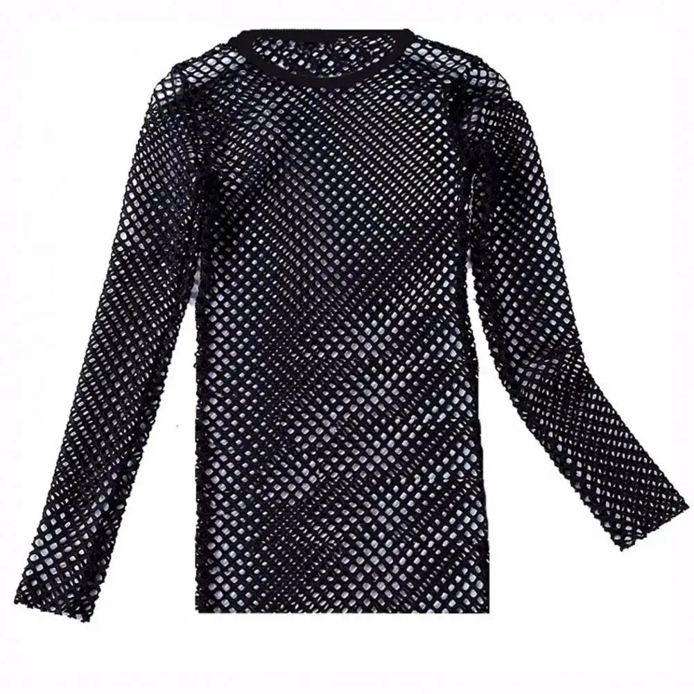 Men Club Top See-through Hollow Out Fishnet O Neck Short Sleeve Loose Thin Pullover Hip Hop Streetwear Men T-shirt