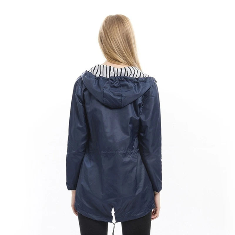 Womens Waterproof Raincoat Casual Basic Outdoors Trench Lightweight Drawstring Jackets Hiking Clothes for Women