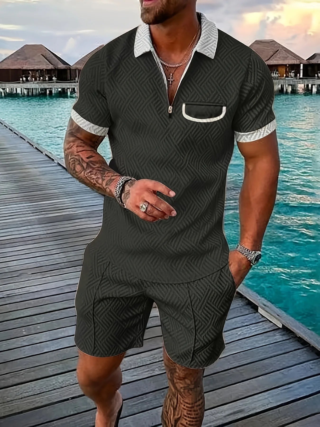 2025 new summer Hawaiian Beach men's fashion lapel casual suit 3D digital print pullover zip-up short-sleeved men's shorts