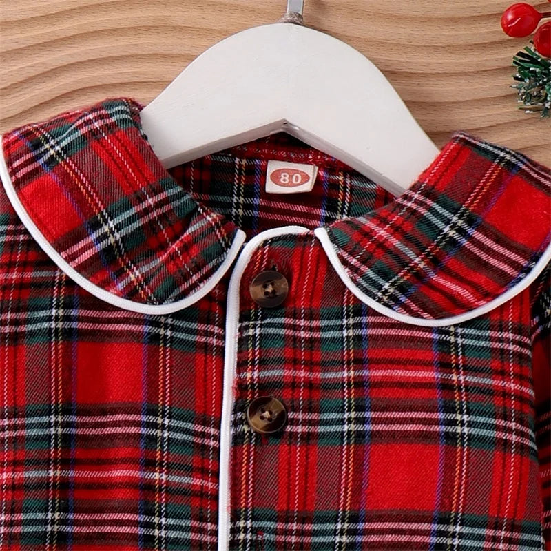 FOCUSNORM 0-5Y Autumn Winter Kids Girls Boys Christmas Pajamas Clothes Sets Plaid Print Turn Down Collar Shirts+Pants