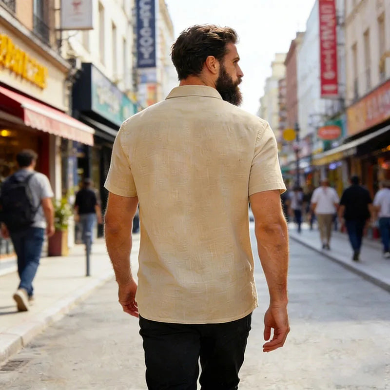 Men's Casual Linen Blend Shirt Short Sleeve Turn Down Collar Button Up Lightweight Breathable Beach Tunic Tops