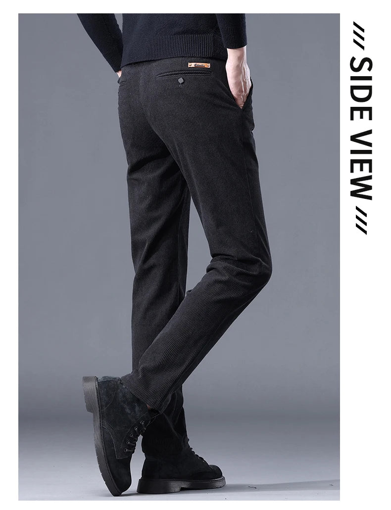 Khaki Black Gray Fleece Men's Corduroy Casual Pants Chenille Thick Stretch Business Trousers Mid-rise Brand Winter Thermal Pants