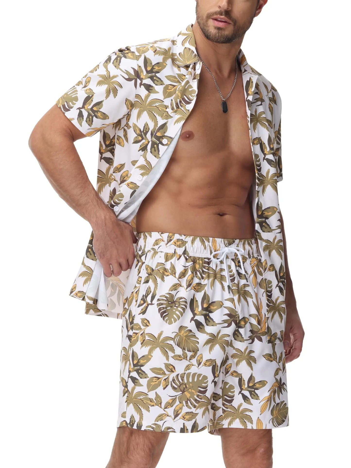 Men’s Hawaiian Shirt Shorts Set 2 Piece Tropical Print Short Sleeve Button Down Breathable Summer Beach Vacation MAGCOMSEN