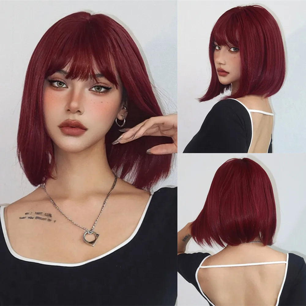 ALAN EATON Layered Synthetic Wigs with Bangs Straight Short Highlights Blonde Hair Wig with for Women Natural Daily Cosplay Wigs