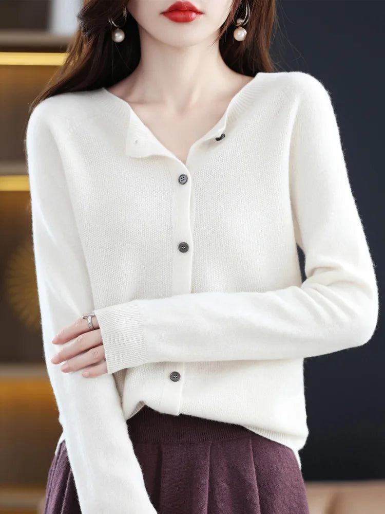 Long Sleeve 100% Merino Wool Sweaters Cashmere Cardigan Spring Autumn Women O-Neck Knitwear Tops Clothing Fashion Basic Tops