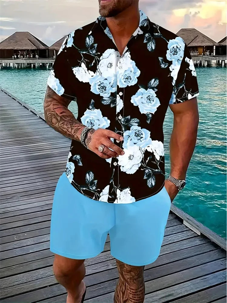 Men's Hawaii Shirt Set Men's 3D Printed Short Sleeve Shirt Shorts Two Piece Summer Beach Lapel Shirt Set Unisex Casual Clothing