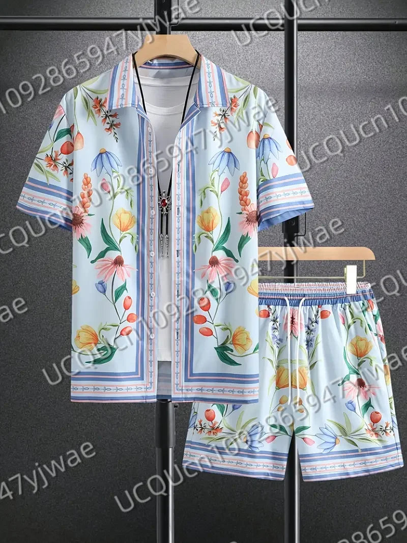 Summer Hawaiian Vintage Flowers Print Men's Short Sleeved Women's Blouses Beach Shirt +Shorts Button Shirt Set Men Clothes