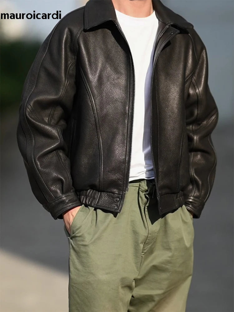Mauroicardi Spring Autumn Cool Handsome Black Hard Pu Leather Jacket Men Zipper Luxury Designer American Vintage Clothes 2024