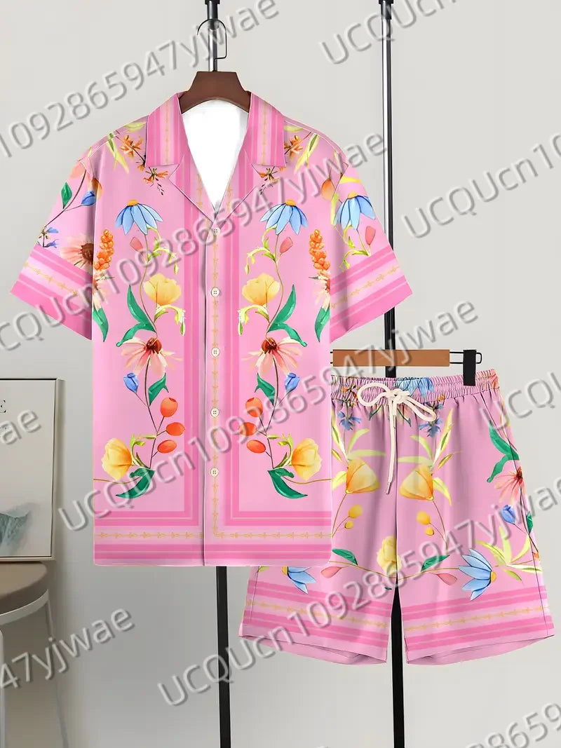 Summer Hawaiian Vintage Flowers Print Men's Short Sleeved Women's Blouses Beach Shirt +Shorts Button Shirt Set Men Clothes
