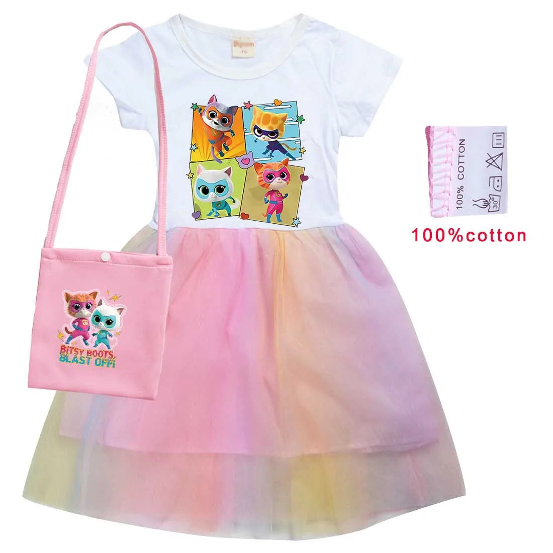 children SuperKitties Costume kids Cosplay Super Kitties clothes for Girls Flying Sleeves A-Line Dress with Bag and Headband