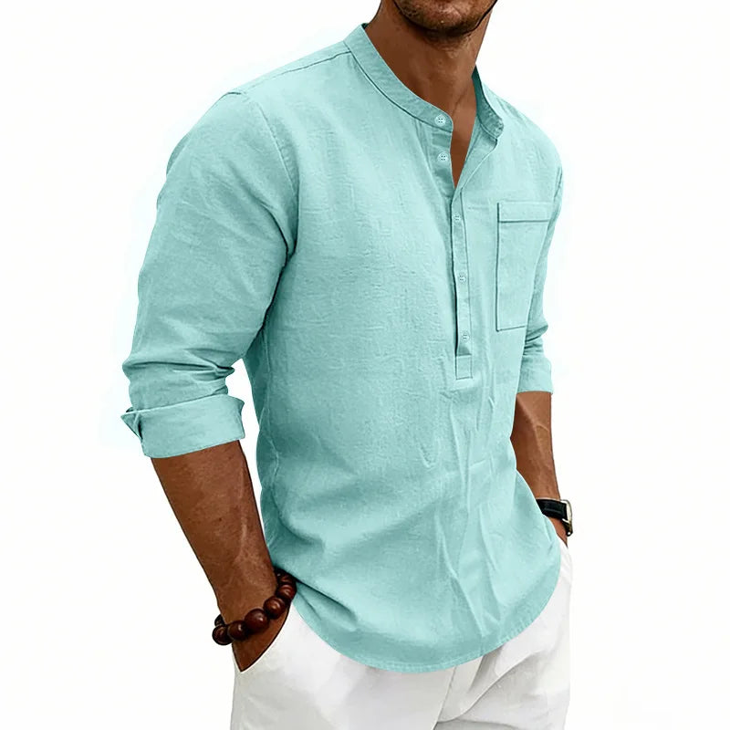 Summer Men's Linen Henry Long Sleeve T-Shirt  European and American Woven Solid Color Casual Polo Shirt