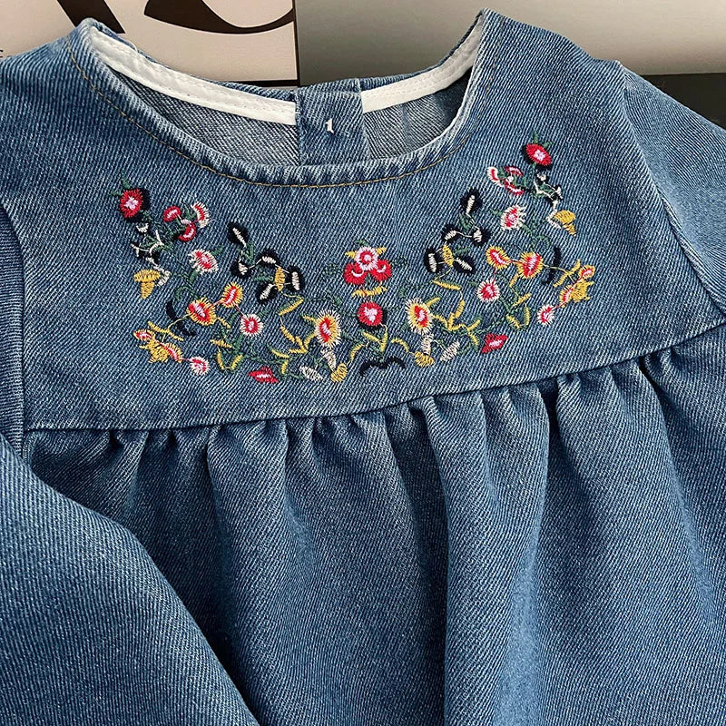 MILANCEL Girls Denim Dresses 2024 Autumn New Embroidery Floral Long Sleeve Dress Children's Daily Casual Clothes