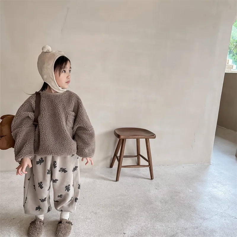 Winter Boys and girls cartoon bears inner fleece sweatpants Children thicken warm loose Trousers