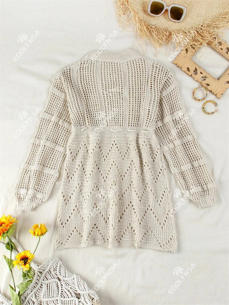 Sexy Deep V-neck Lace-up Bell Sleeve Knit Mesh Hollow Out Beach Mini Dress 2025 Summer Swimsuit Cover Up Women Casual Tunic K14