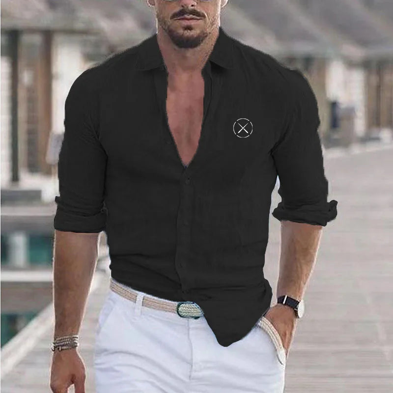 New Men's Summer Cotton And Linen Lapel Beach Shirt Long Sleeve Solid Color Hawaiian Holiday Wear X Patterned Shirt