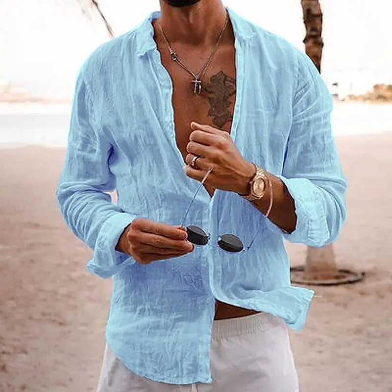 Men's Summer Shirt Casual Lightweight Solid Color Loose Single Breasted Lapel Cotton Linen Long Sleeve Shirt Vacation Beach Tops