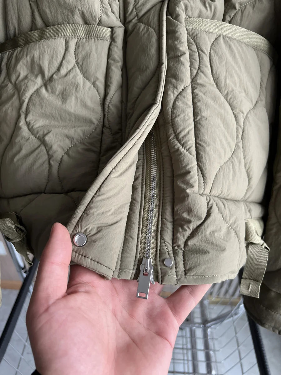 Quilted coat for women ETJ 2025 QUILTED JACKET WITH TIES new beige drawstring high neck pocket clip cotton jacket for women