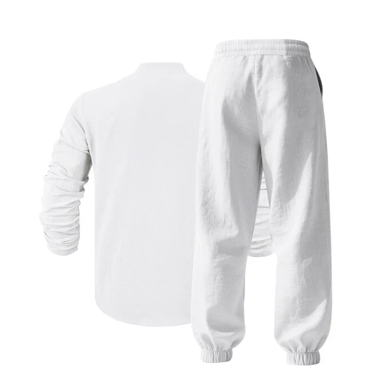 American loose linen set for men autumn Hawaiian home commuter thin Henry shirt long sleeve pants set