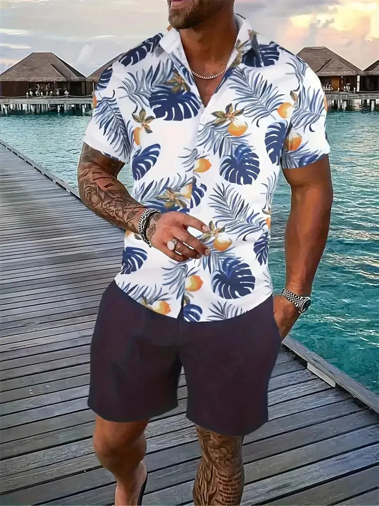 Men's Hawaii Shirt Set Men's 3D Printed Short Sleeve Shirt Shorts Two Piece Summer Beach Lapel Shirt Set Unisex Casual Clothing