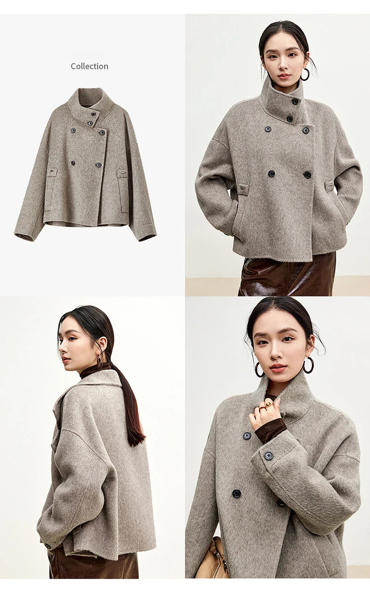 SENTUBILA 100% Wool Coats For Women Winter Jackets 2025 Stand Turtleneck Double Sided Short Outerwears Female Clothes W44O56626
