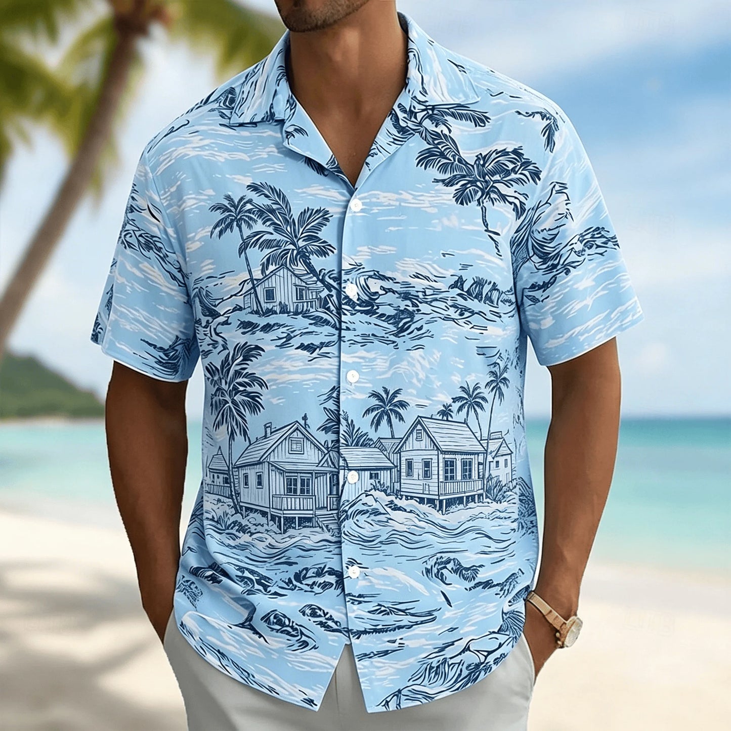 Men's Light Blue Tropical Palm Tree Print Short Sleeve Shirt, Casual Hawaiian Button Down with Ocean Design for Spring & Summer