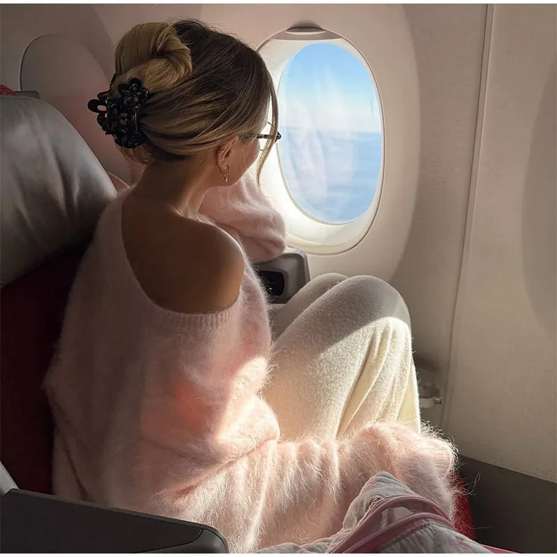 Women Solid Off Shoulder Pullover Fashion Classic Full Sleeve Loose Knitted Mohair Knitwear Lady High Street Autumn Sweaters