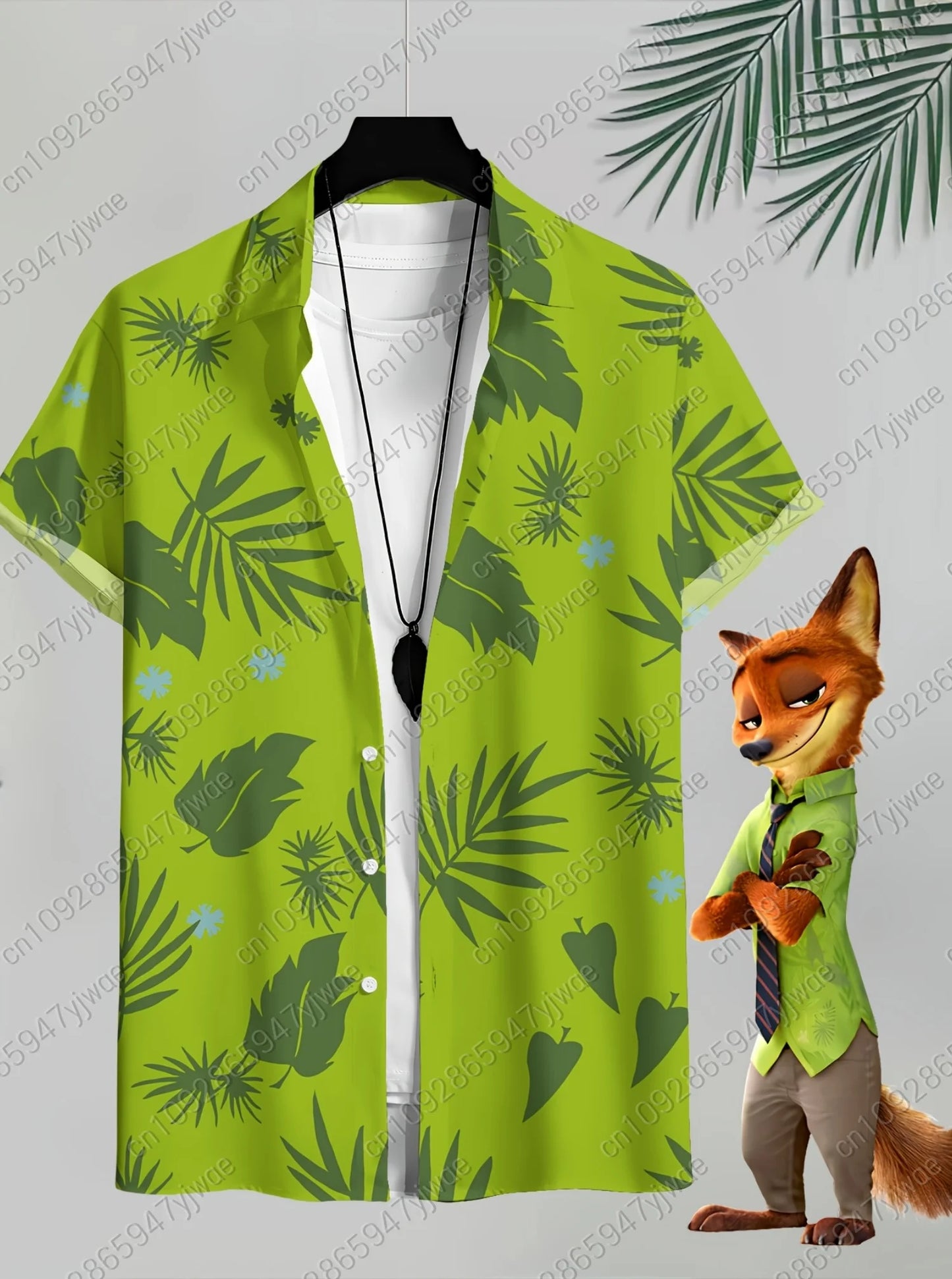 Mens Zootop Same Shirt Green Print Short Sleeve Lapel Shirt Tops Men's Casual Button-Down Shirts For Summer Daily Wear Shirts