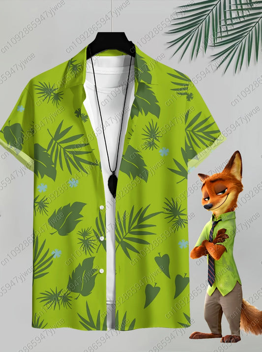 Mens Zootop Same Shirt Green Print Short Sleeve Lapel Shirt Tops Men's Casual Button-Down Shirts For Summer Daily Wear Shirts