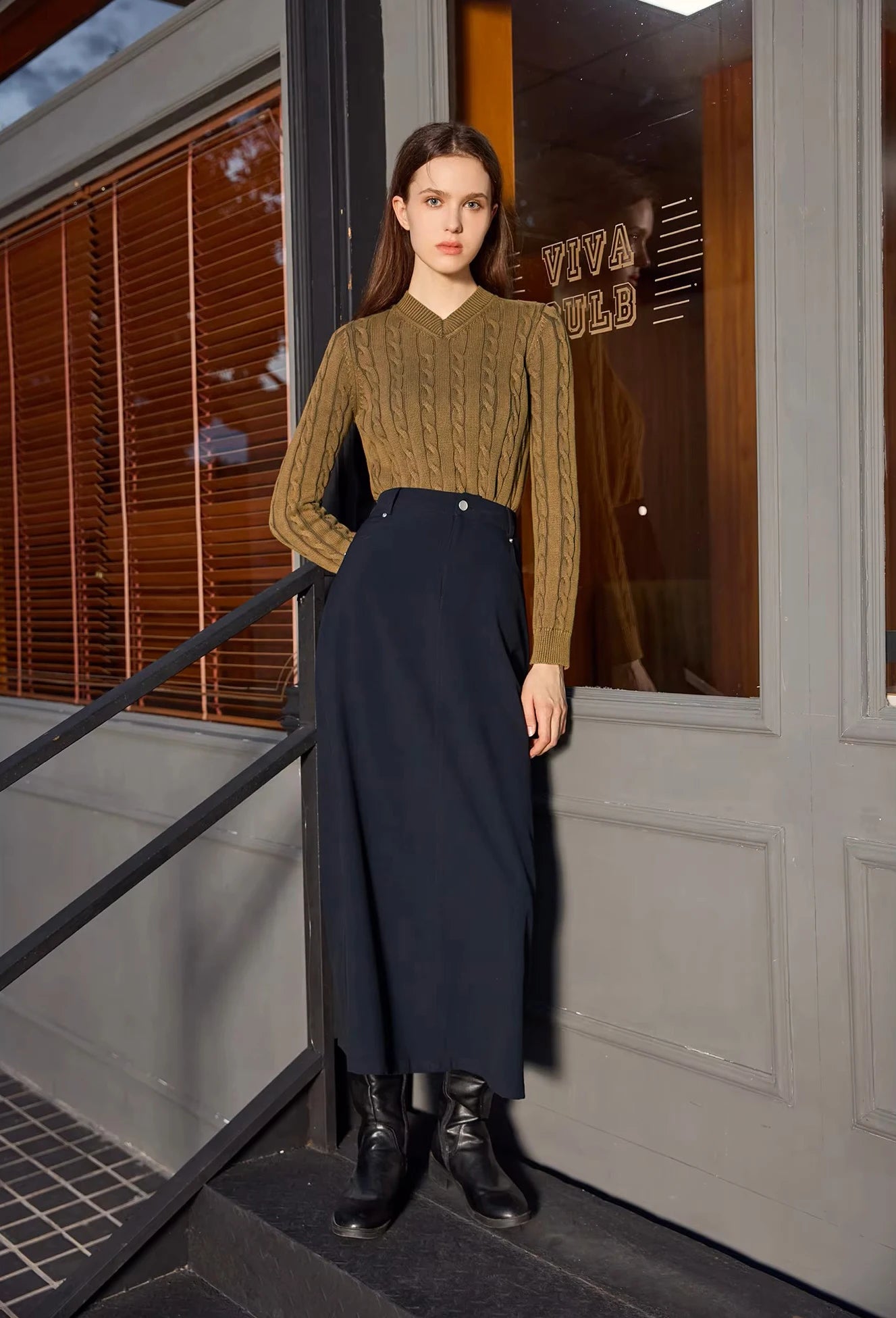 AP 2026 Women Washed Sweater Autumn and Winter Cable Sweater Stretch Skirt and Fashion Leather Skirt