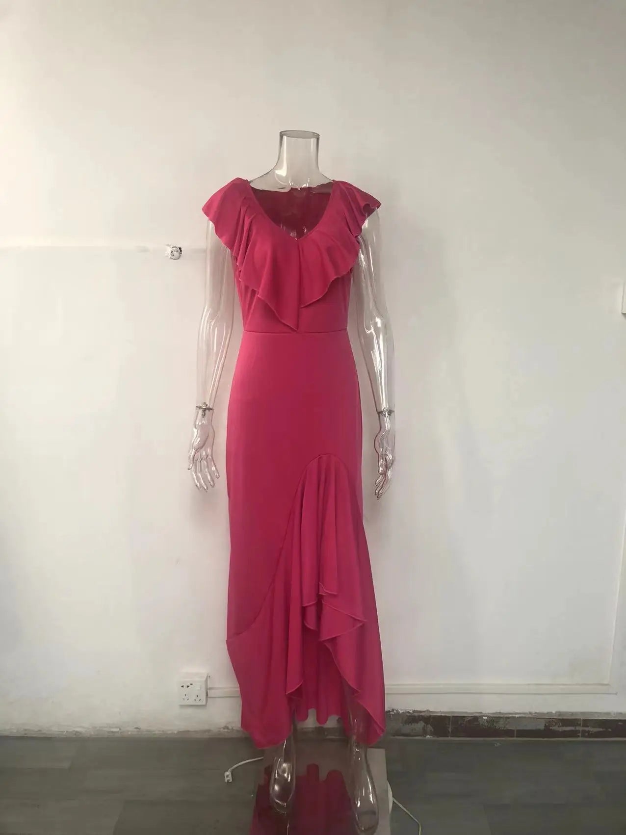 Fashion Evening Dresses Sexy V-Neck Elegant Party Irregular Solid Color Hem Ruffle Women Maxi Dress Short Sleeve Floor Length