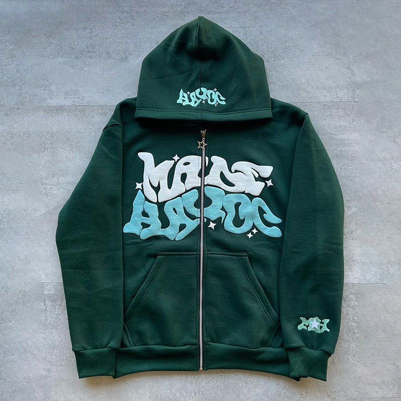 Men Women Hoodie Long Sleeve Letters Print Zipper Closure Sweatshirt Jacket with Pockets