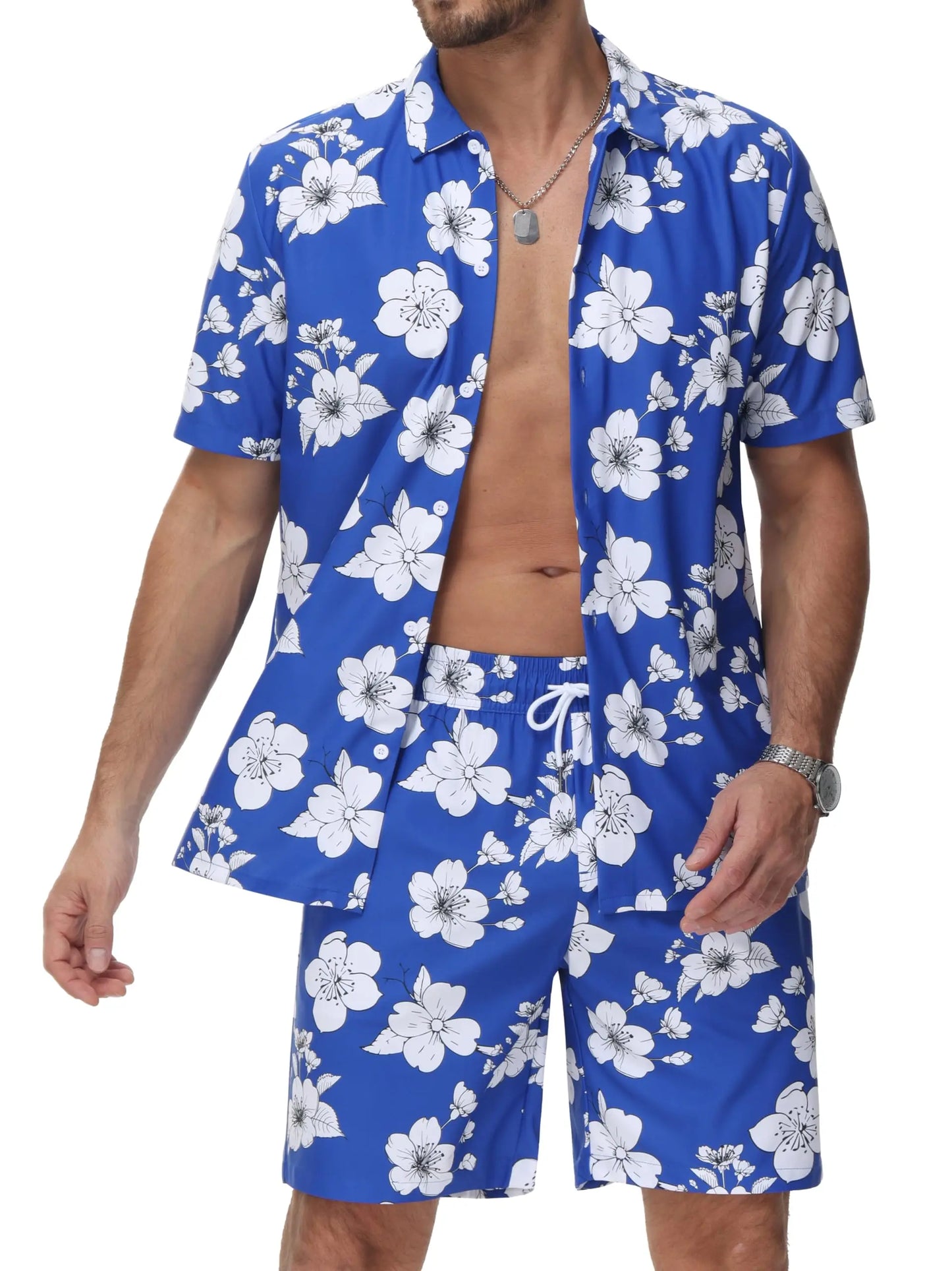 Men’s Hawaiian Shirt Shorts Set 2 Piece Tropical Print Short Sleeve Button Down Breathable Summer Beach Vacation MAGCOMSEN