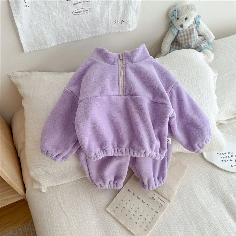 Kids Fleece Warm Set Winter Plus Velvet Outfits Long Sleeved Pullover Tops+Pants 2Pcs Autumn Children's Casual Clothing Suits