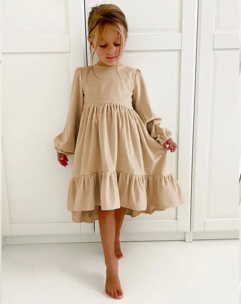 New 7-12 years Girls Spring Autumn Winter Velvet Long Sleeve Ruffle Hem Dress Princess Kids Party Dressess Children Clothing