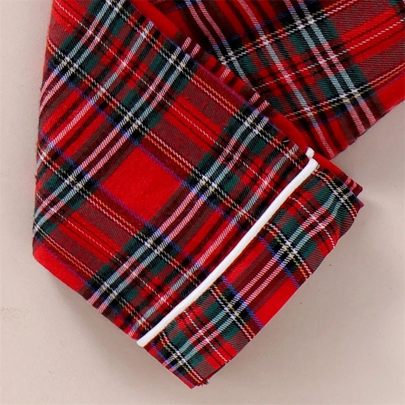 FOCUSNORM 0-5Y Autumn Winter Kids Girls Boys Christmas Pajamas Clothes Sets Plaid Print Turn Down Collar Shirts+Pants