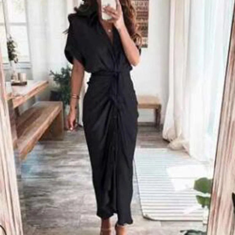 Sexy Irregular Long Dress For Women Fashion V-neck Lace-up Wrinkled Buttoned Dress Elegant Short Sleeves Clothing Ropa De Mujer