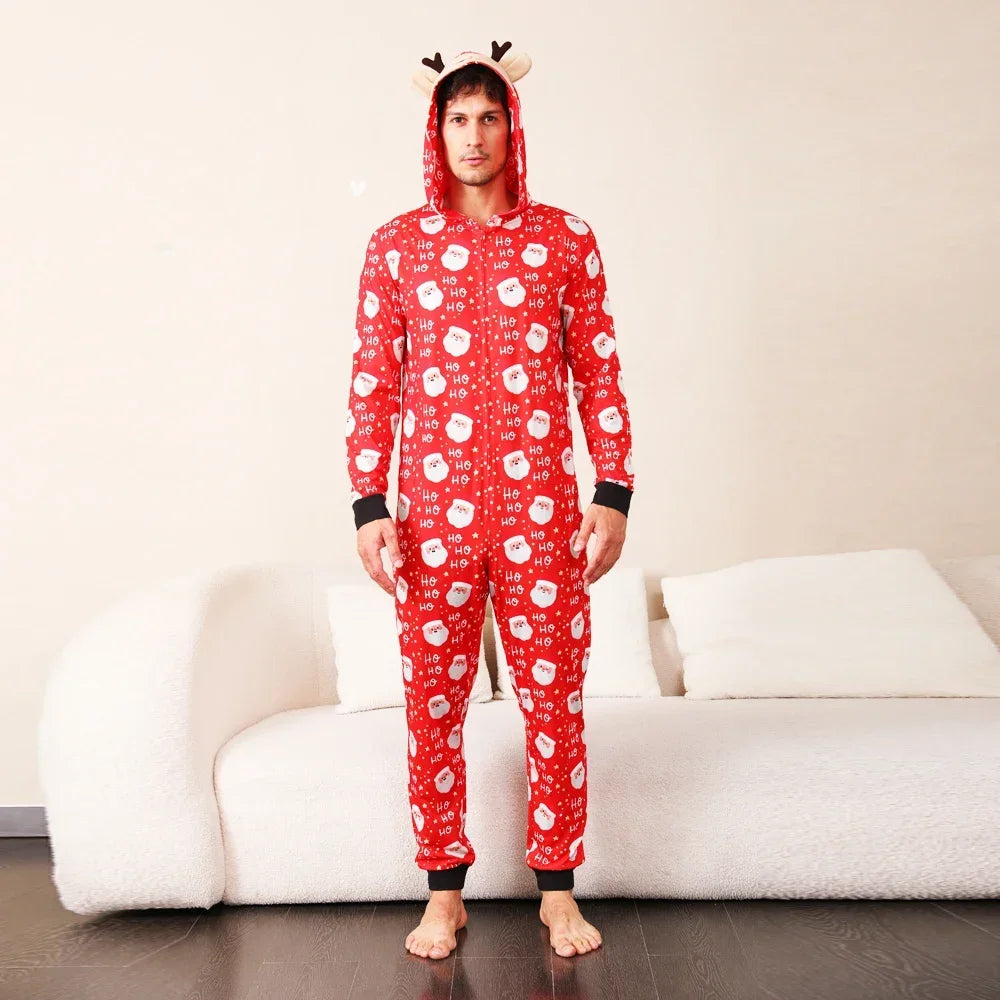 Christmas Gift Mother Father Kids Matching Outfits Cute Deer Ear Hooded Romper Overall Soft Loose One-Piece Pajamas Family Look