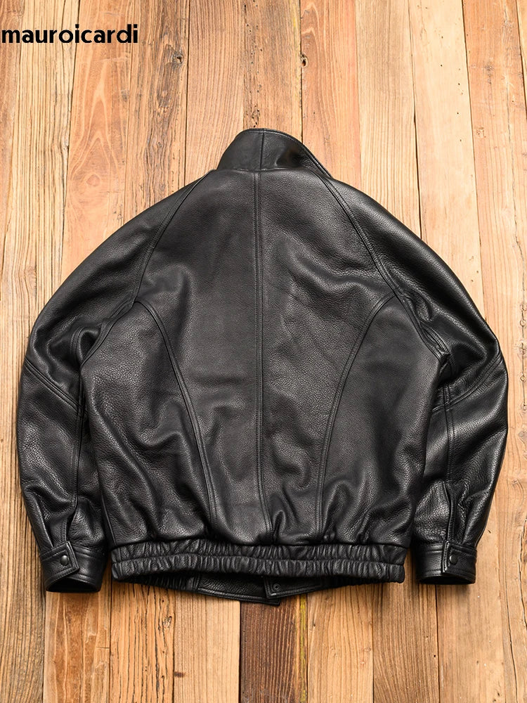 Mauroicardi Spring Autumn Cool Handsome Black Hard Pu Leather Jacket Men Zipper Luxury Designer American Vintage Clothes 2024