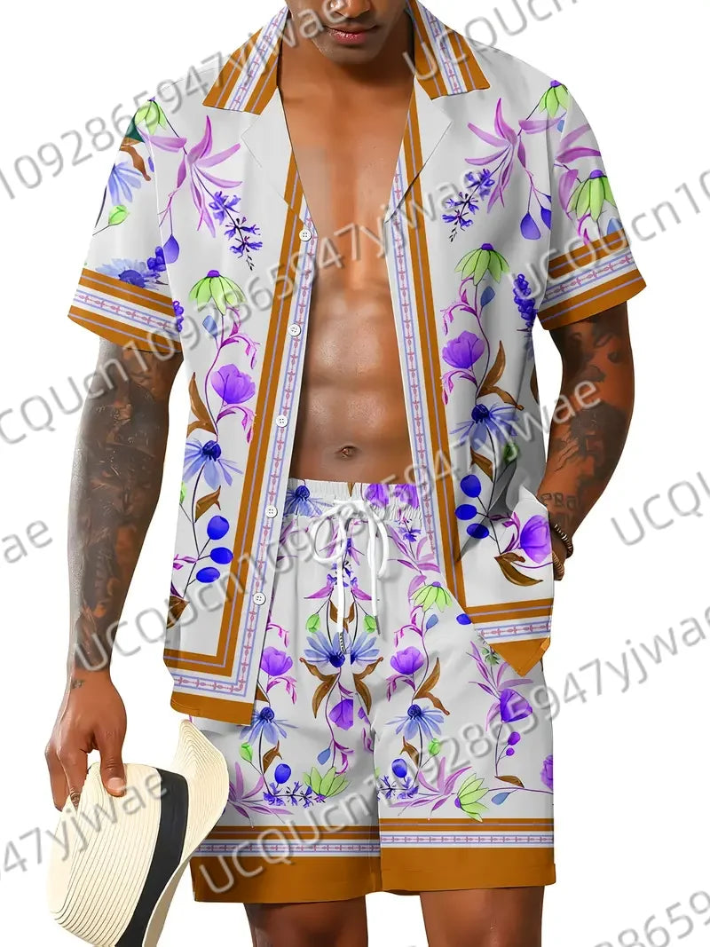 Summer Hawaiian Vintage Flowers Print Men's Short Sleeved Women's Blouses Beach Shirt +Shorts Button Shirt Set Men Clothes