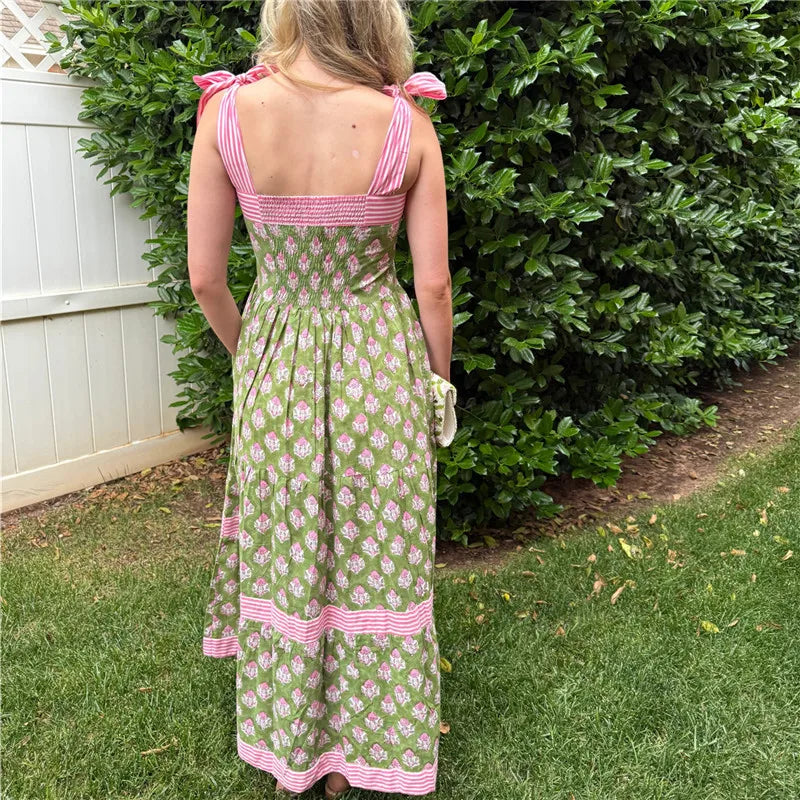 hirigin Women Summer Boho Maxi Dress Vintage Floral Tie Shoulder Flowy Long Dress Square Neck Ruffle Tiered Beach Sundress