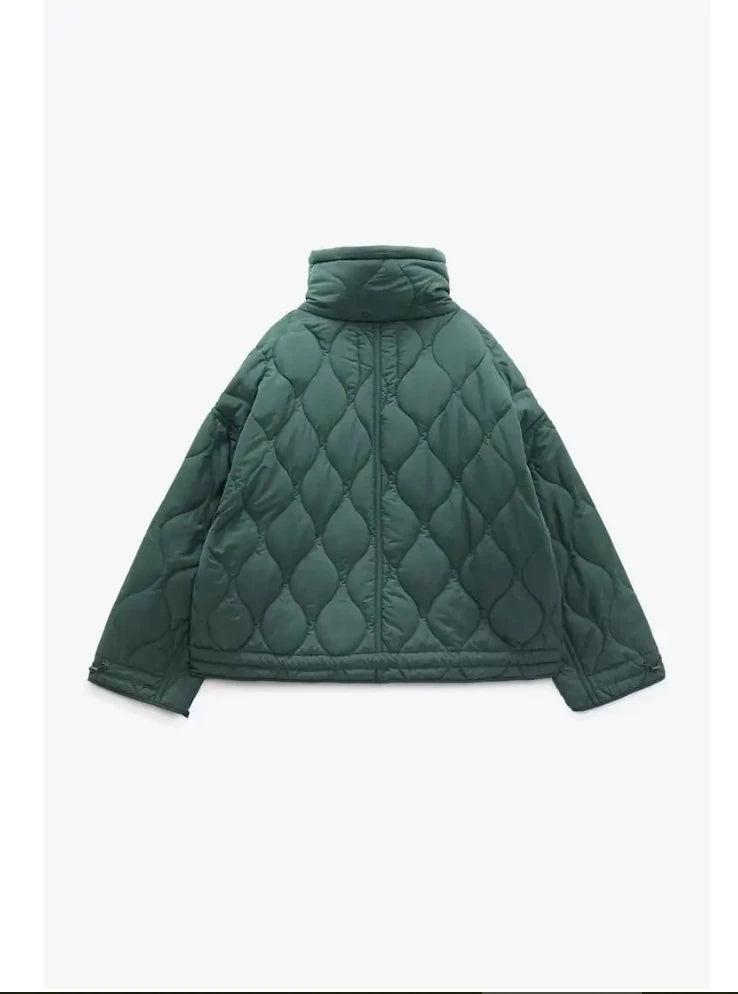 Quilted coat for women ETJ 2025 QUILTED JACKET WITH TIES new beige drawstring high neck pocket clip cotton jacket for women