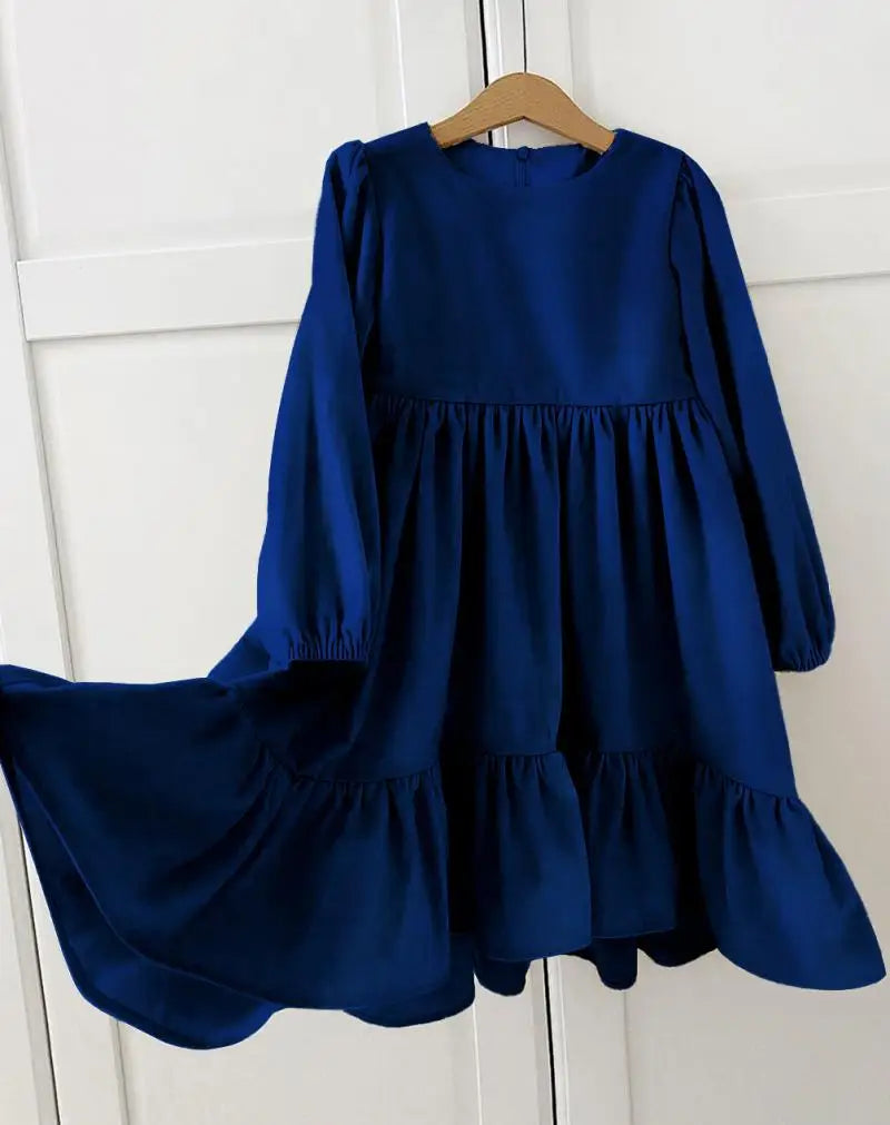 New 7-12 years Girls Spring Autumn Winter Velvet Long Sleeve Ruffle Hem Dress Princess Kids Party Dressess Children Clothing