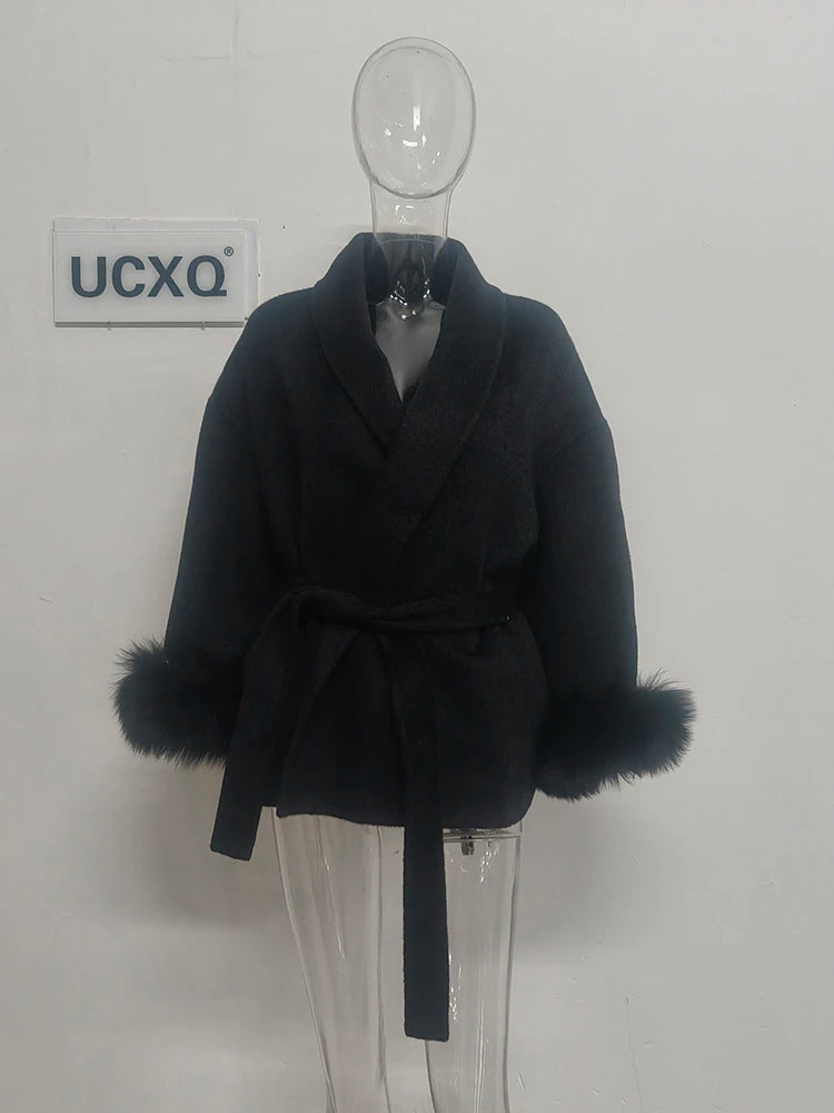 UCXQ Elegant OL Office Lady Overcoats Fur Patchwork Long Sleeve Woolen Coat Beautiful Women's Clothing Jacket Autumn 2025 Winter