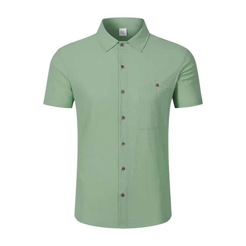 Men's Casual Linen Blend Shirt Short Sleeve Turn Down Collar Button Up Lightweight Breathable Beach Tunic Tops