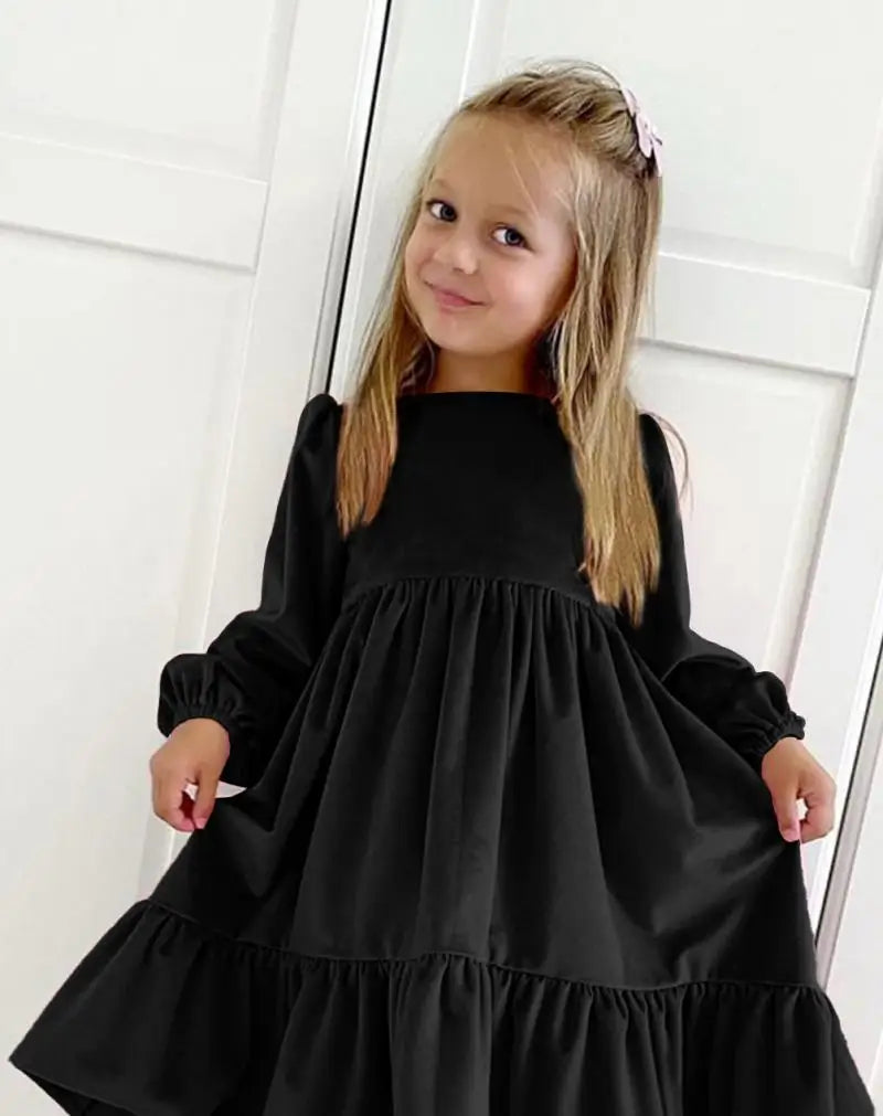 New 7-12 years Girls Spring Autumn Winter Velvet Long Sleeve Ruffle Hem Dress Princess Kids Party Dressess Children Clothing