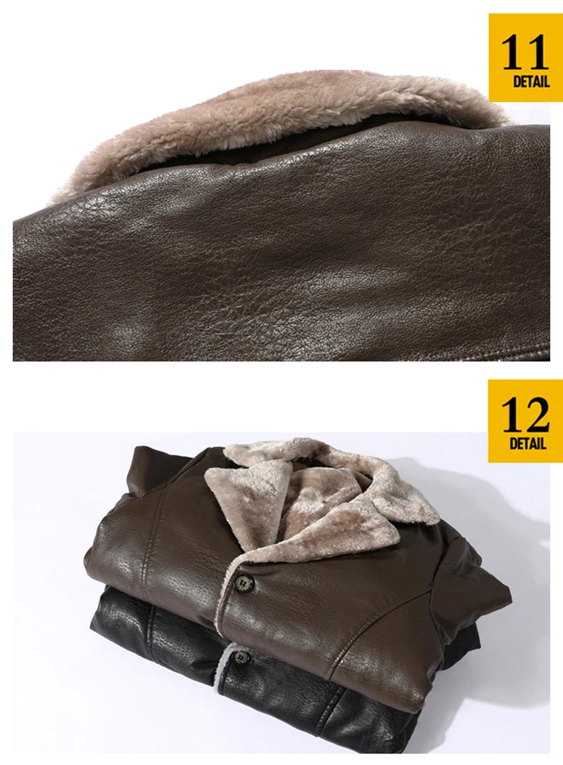 2023 Men Winter Long Thick Fleece PU Leather Jacket New Winter Fashion Suit Collar Men's Windbreaker Leather Jacket Coats