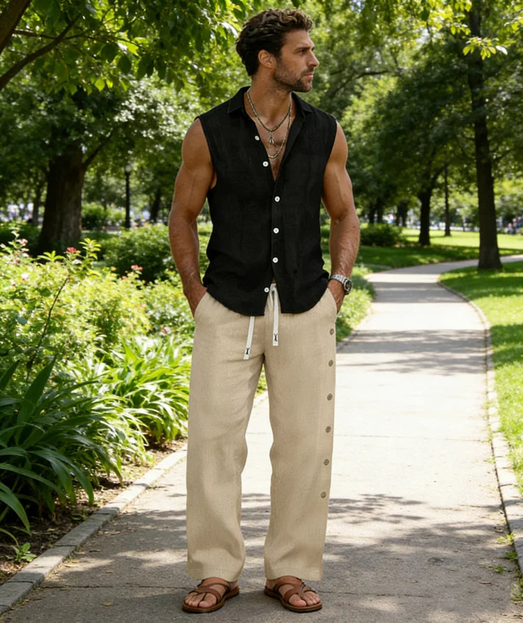 2026 Men's Sleeveless Cotton Linen Shirt Turn Down Collar Button Up Casual Beach Tops
