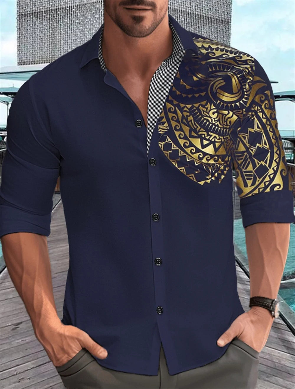 Men's shirt with gold pattern print, white, black, red long sleeved lapel button up shirt, fashionable casual top, plus size