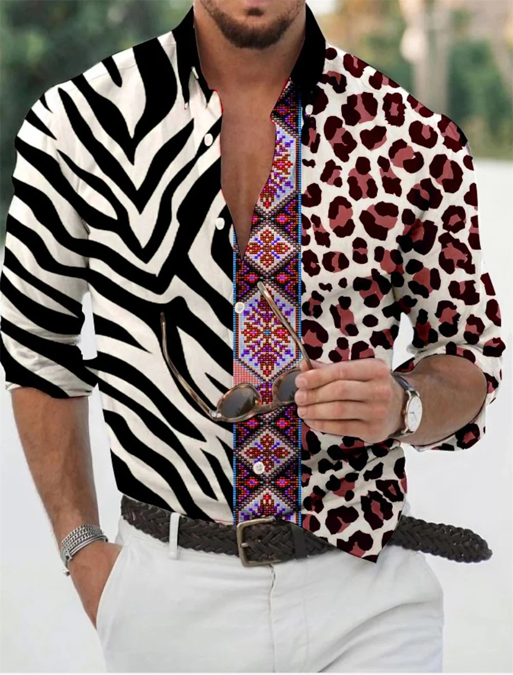 Men's shirt with gold pattern print, white, black, red long sleeved lapel button up shirt, fashionable casual top, plus size