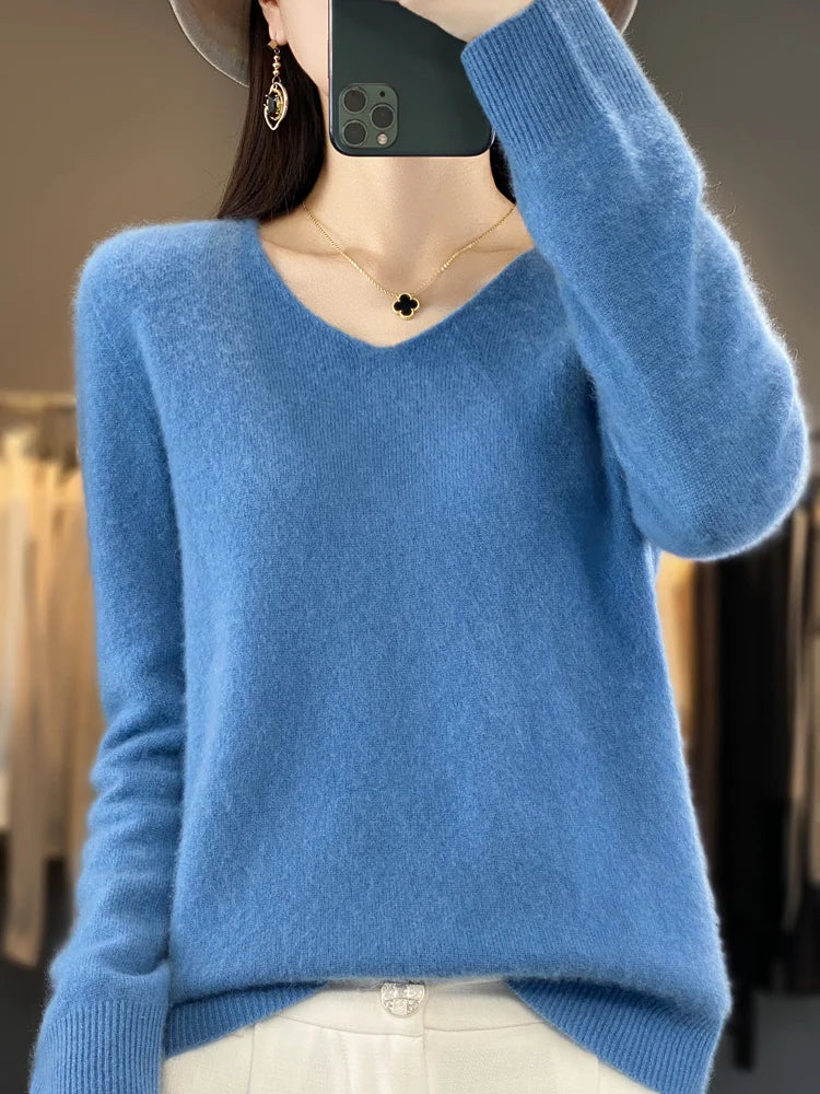 Fashion100% Merino Wool Sweater Cashmere  Pullover Women Knitwear V-Neck Long Sleeve  Autumn Winter Fashion Basic Clothing  Tops